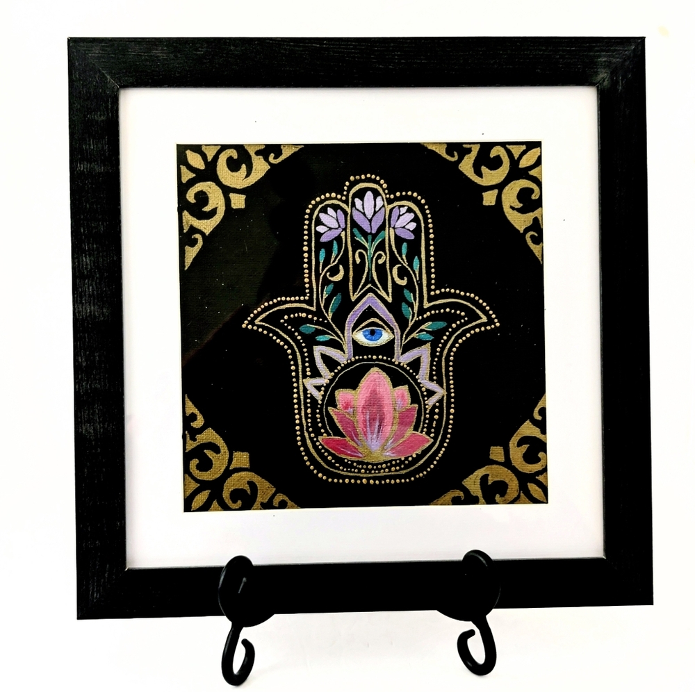 OOAK Large Framed Hamsa Lotus Mandala – Hand-Painted Metallic Art – 8" Canvas